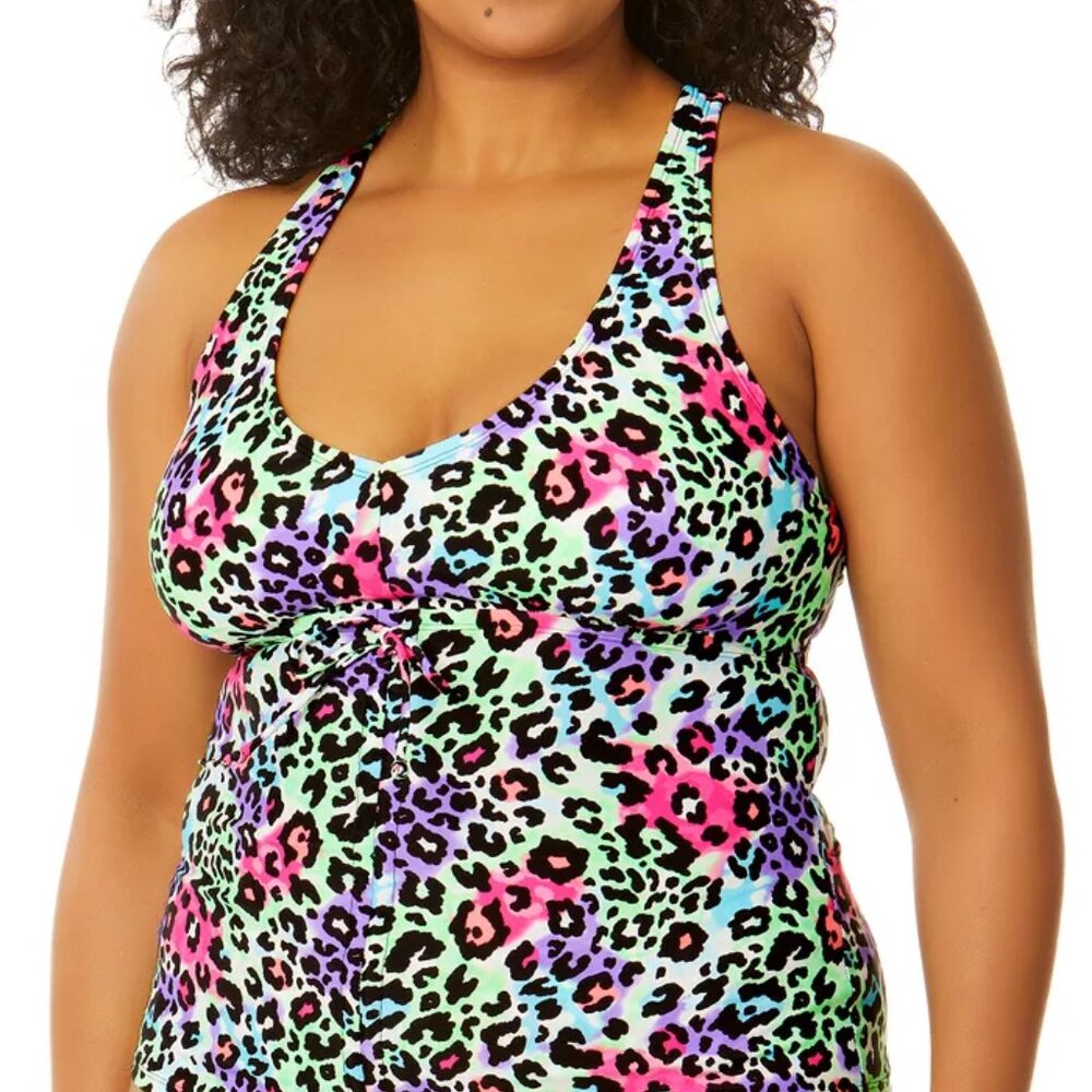 NWT Salt + Cove Leopard Cinch-Front X-Back Tankini Top Sizes 1X-2X $80 LLL190
